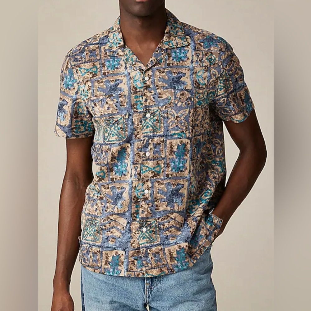 NWOT JCrew Short-sleeve slub cotton-linen blend camp-collar shirt in pri…
